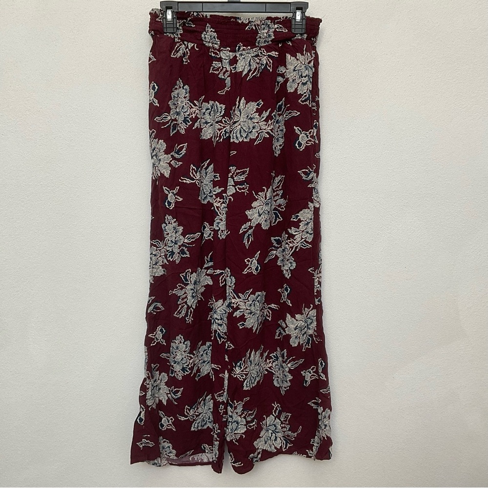 Abercrombie & Fitch Maroon, Navy, Cream Floral Pull On Wide Leg Palazzo Pants M